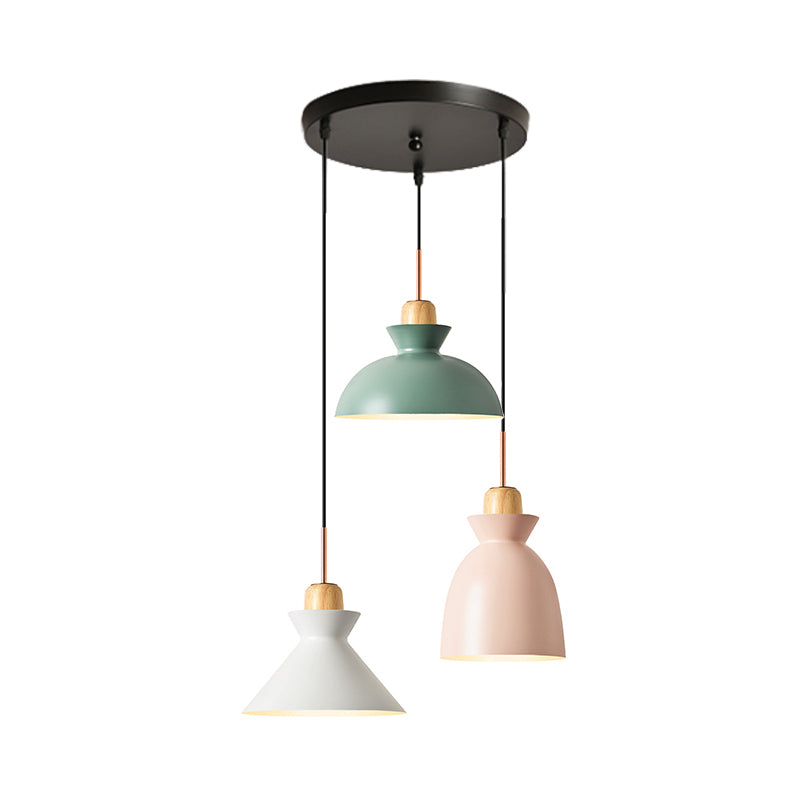 Macaron Round/Linear Multi Hanging Lamp Metal 3 Bulbs Pink/Black Pendant Light Fixture with Shade