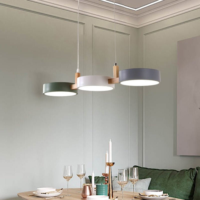 3-Light Dining Room Island Pendant Nordic White-Wood Hanging Lamp with Round Acrylic Shade, Warm/White/3 Color Light