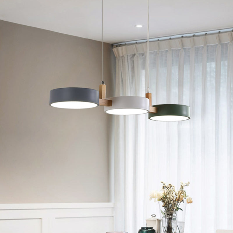 3-Light Dining Room Island Pendant Nordic White-Wood Hanging Lamp with Round Acrylic Shade, Warm/White/3 Color Light