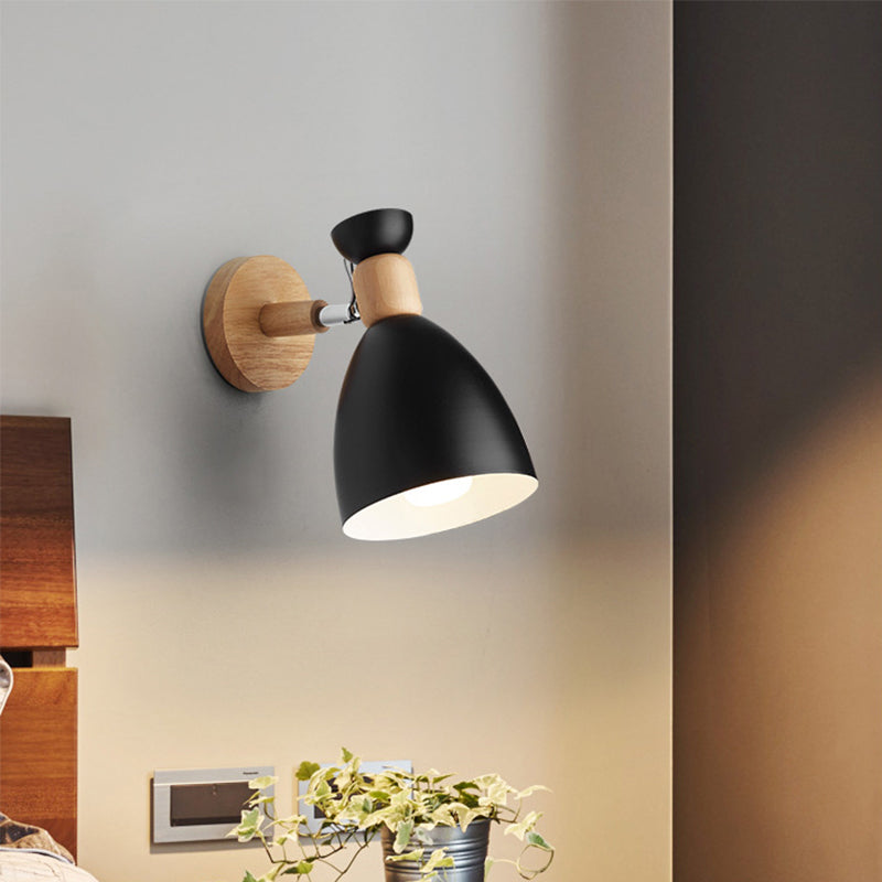 Bear/Bell Rotating Wall Mounted Lamp Macaron Iron 1-Head Bedside Reading Wall Light in White/Pink/Green and Wood