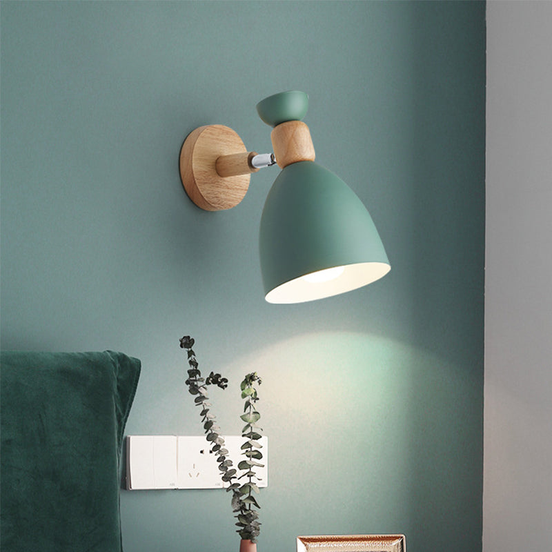 Bear/Bell Rotating Wall Mounted Lamp Macaron Iron 1-Head Bedside Reading Wall Light in White/Pink/Green and Wood