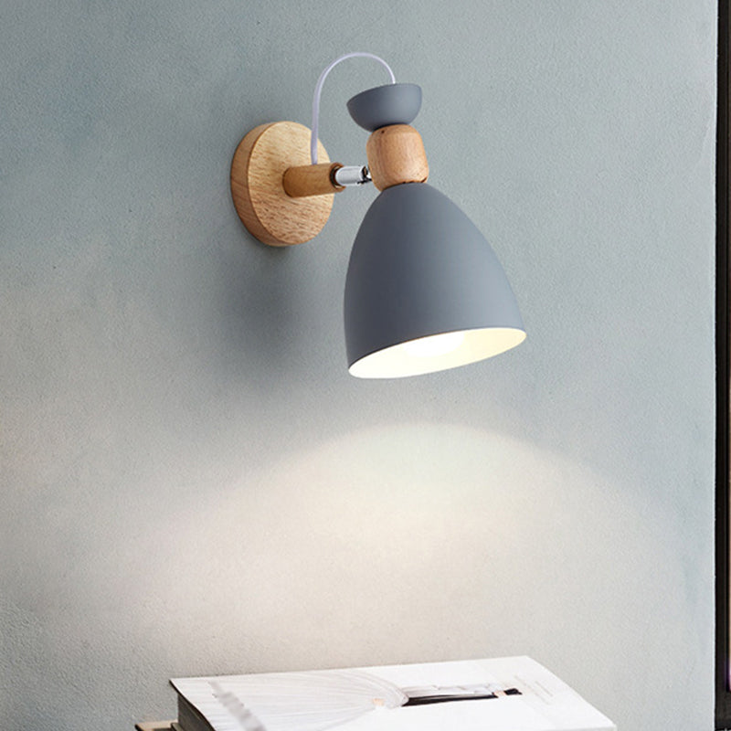 Bear/Bell Rotating Wall Mounted Lamp Macaron Iron 1-Head Bedside Reading Wall Light in White/Pink/Green and Wood