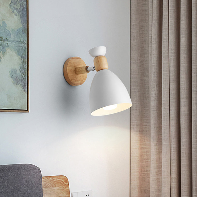 Bear/Bell Rotating Wall Mounted Lamp Macaron Iron 1-Head Bedside Reading Wall Light in White/Pink/Green and Wood
