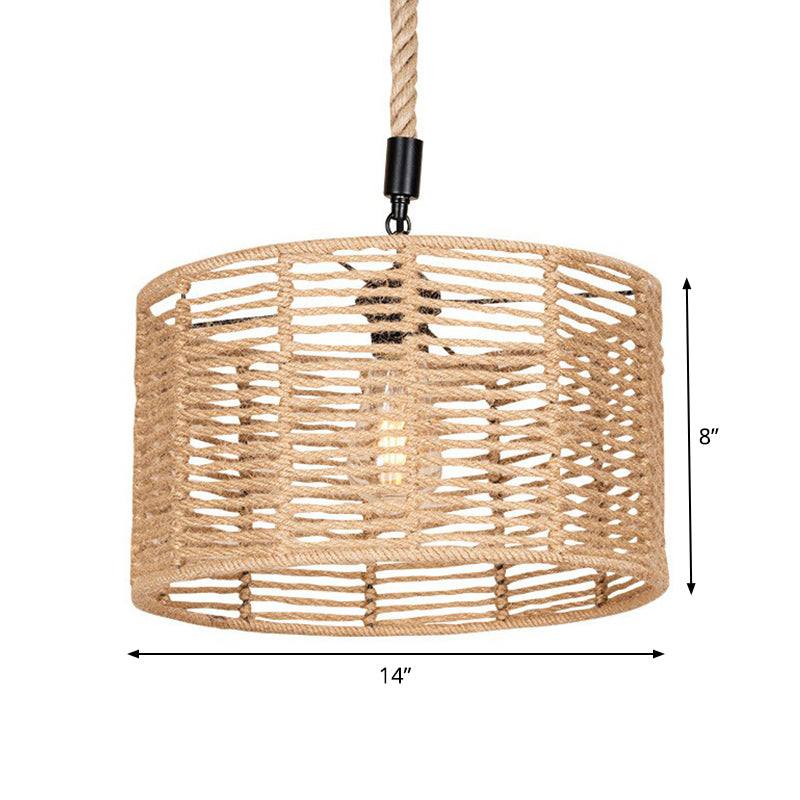 Natural Rope Drum Pendant Lighting Rustic 1 Bulb Restaurant Ceiling Lamp in Brown