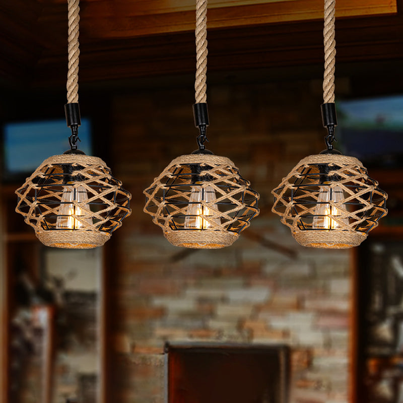 Rustic Elliptical Multi Hanging Light 3/6 Lights Rope Pendant Ceiling Lamp in Brown, Round/Linear Canopy