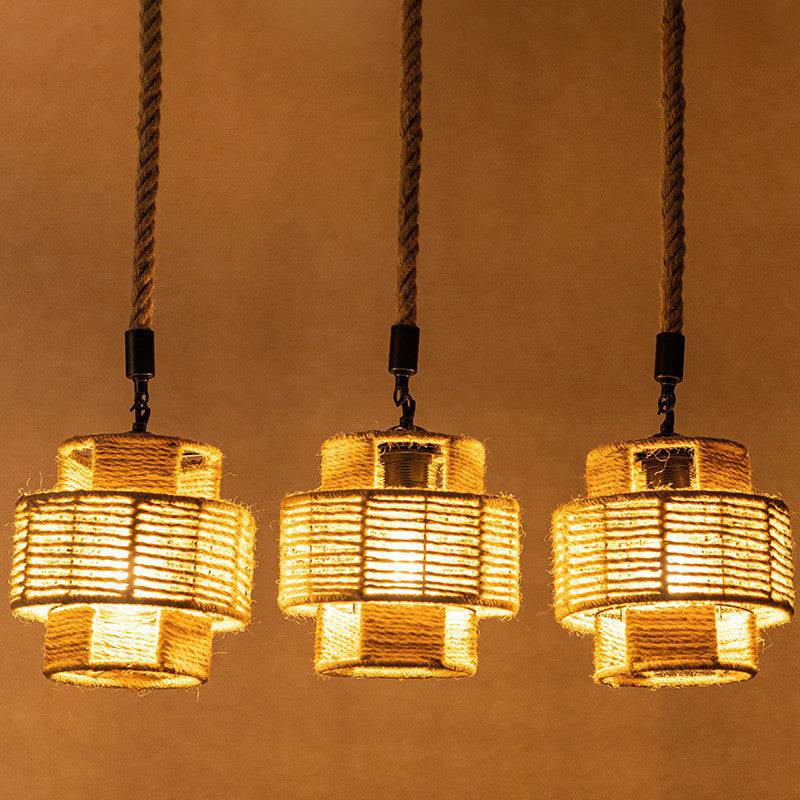 Lodge Style Round/Linear Canopy Pendant 3/6 Lights Roped Hanging Ceiling Light with Double Shade in Brown