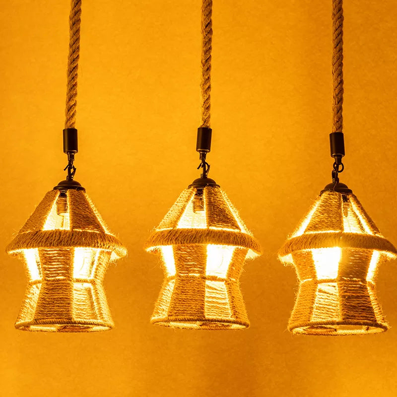 Hand-Wrapped Rope Cluster Cabin Pendant Country 3/6 Bulbs Living Room Round/Linear Ceiling Suspension Lamp in Brown