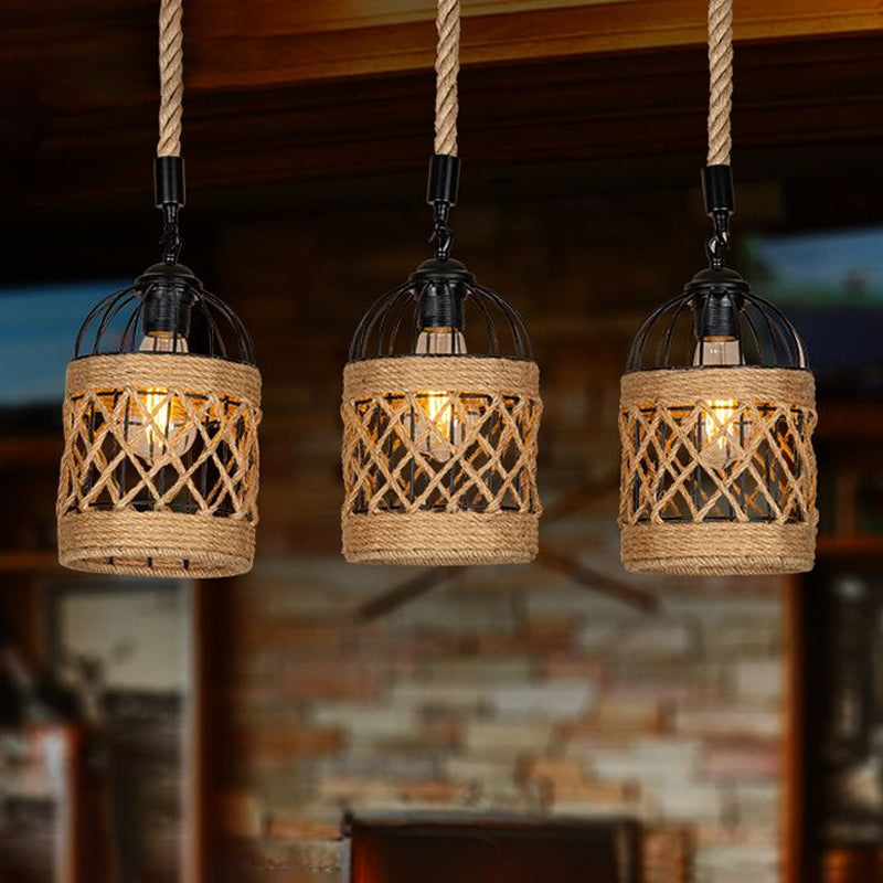 3/6 Heads Cluster Pendant Light Lodge Birdcage Criss-Cross Woven Rope Hanging Light Kit in Brown, Round/Linear Canopy