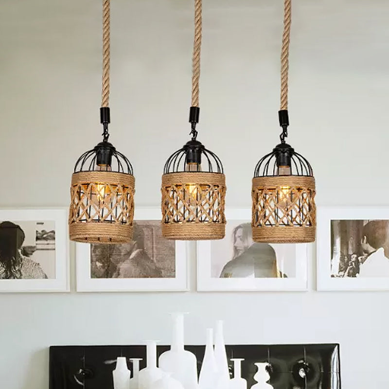 3/6 Heads Cluster Pendant Light Lodge Birdcage Criss-Cross Woven Rope Hanging Light Kit in Brown, Round/Linear Canopy