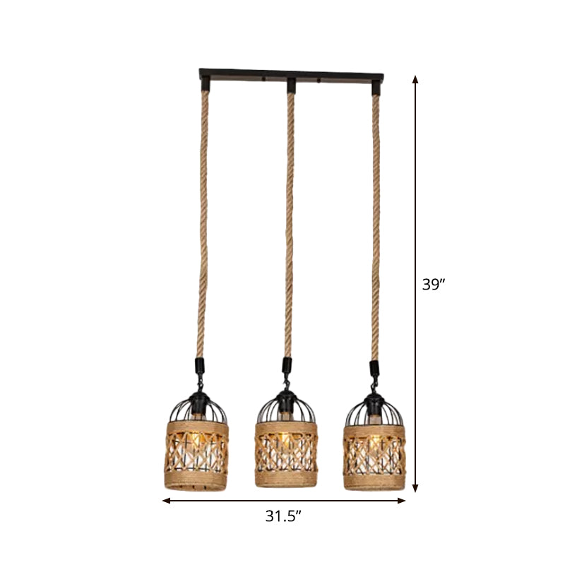 3/6 Heads Cluster Pendant Light Lodge Birdcage Criss-Cross Woven Rope Hanging Light Kit in Brown, Round/Linear Canopy