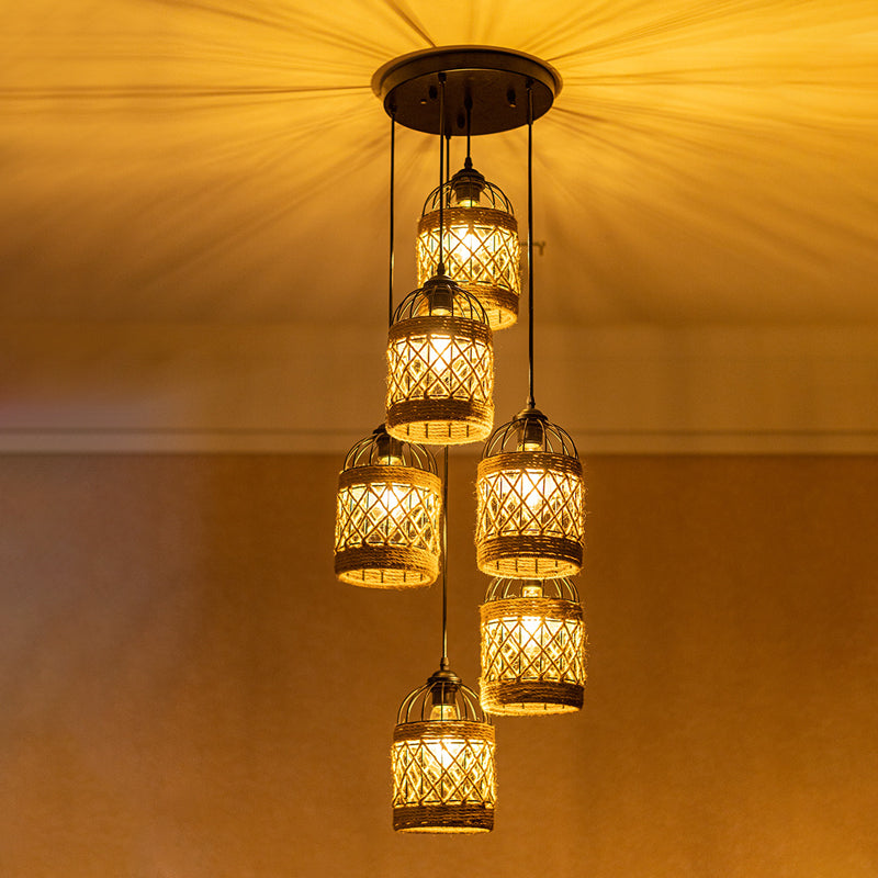 3/6 Heads Cluster Pendant Light Lodge Birdcage Criss-Cross Woven Rope Hanging Light Kit in Brown, Round/Linear Canopy