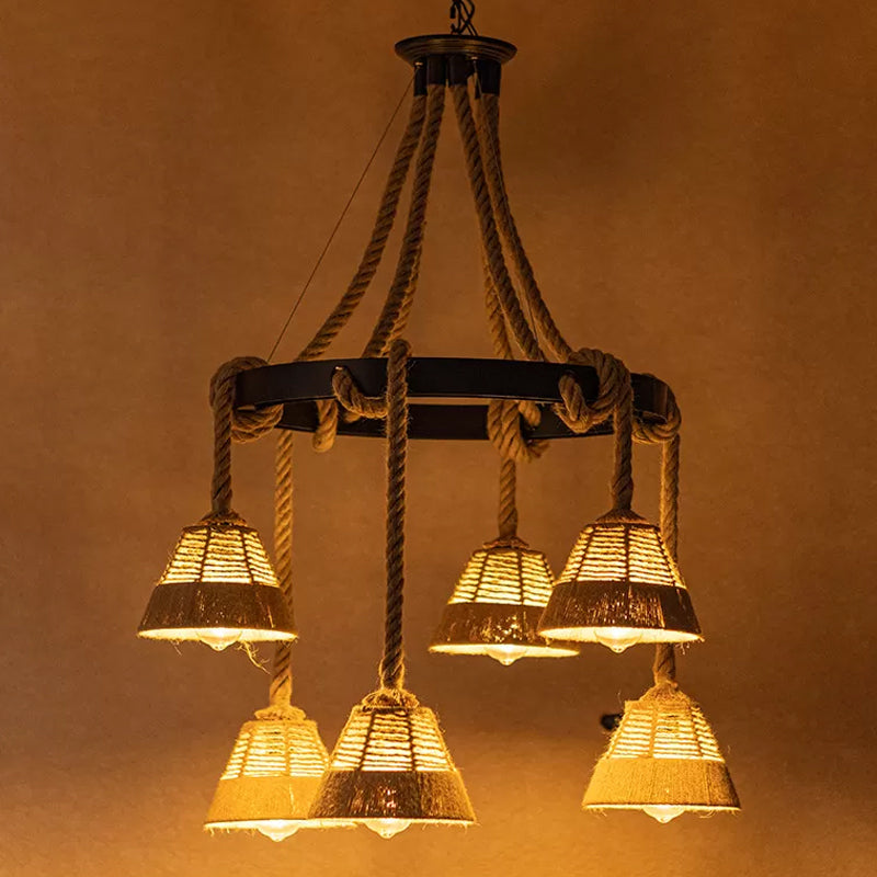 6 luces Candelier de techo Carillon Cottage Brown Ropped colgante colgante para restaurante