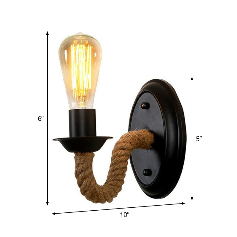 Black 1 Bulb Wall Lam Fixture Lodge Metal Oval/Round Backplate Wall Light with Curved Rope Arm