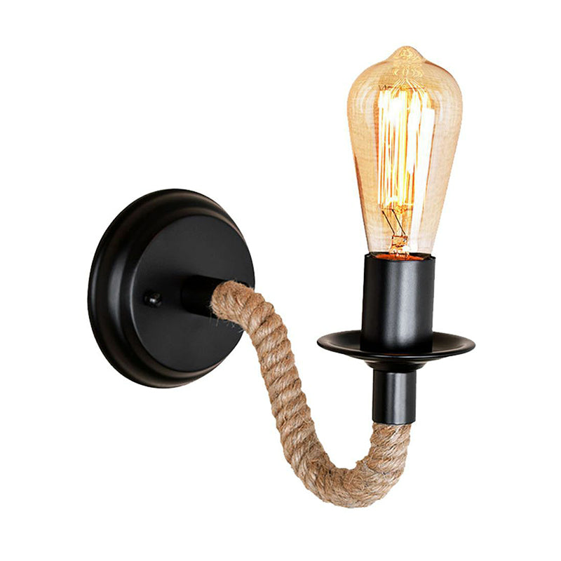 Black 1 Bulb Wall Lam Fixture Lodge Metal Oval/Round Backplate Wall Light with Curved Rope Arm