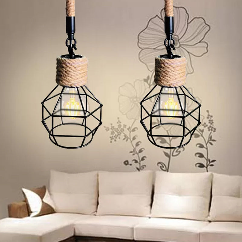 Cage a filo singolo a caduta regolabile pendente rustico rustico a soffitto di ferro marrone-bloccare la luce con accento di corda