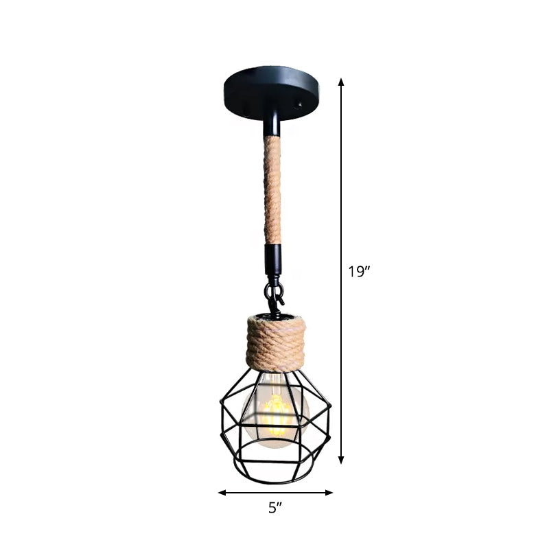 Single Wire Cage Adjustable Drop Pendant Rustic Black-Brown Iron Ceiling Hang Light with Rope Accent