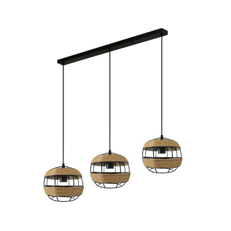 Spherical Jute Rope Multi-Pendant Countryside 3-Light Open Kitchen Ceiling Suspension Lamp in Brown, Round/Linear Canopy