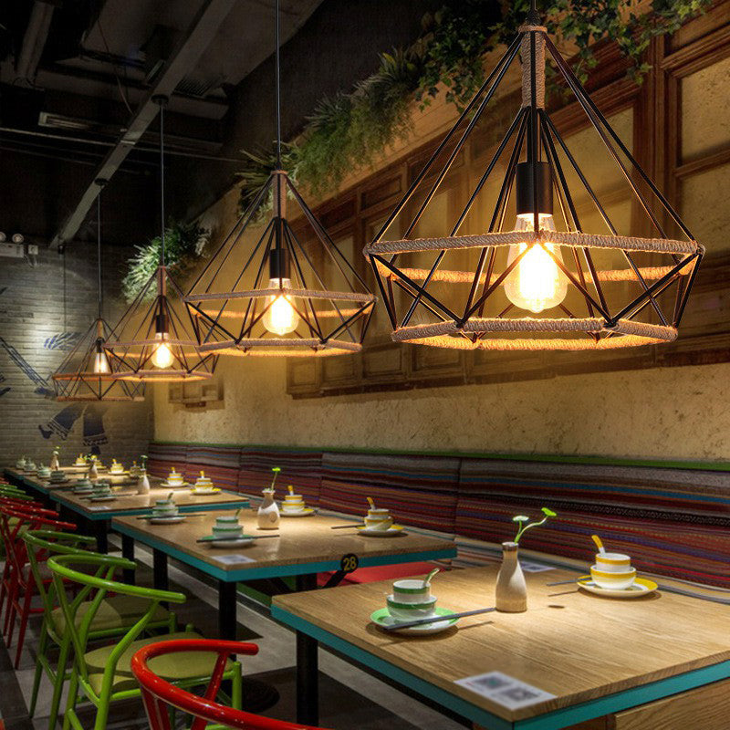 Single-Bulb Drop Pendant Industrial Bistro Hanging Lamp with Diamond Roped Cage in Black, 10"/15"/18" Width