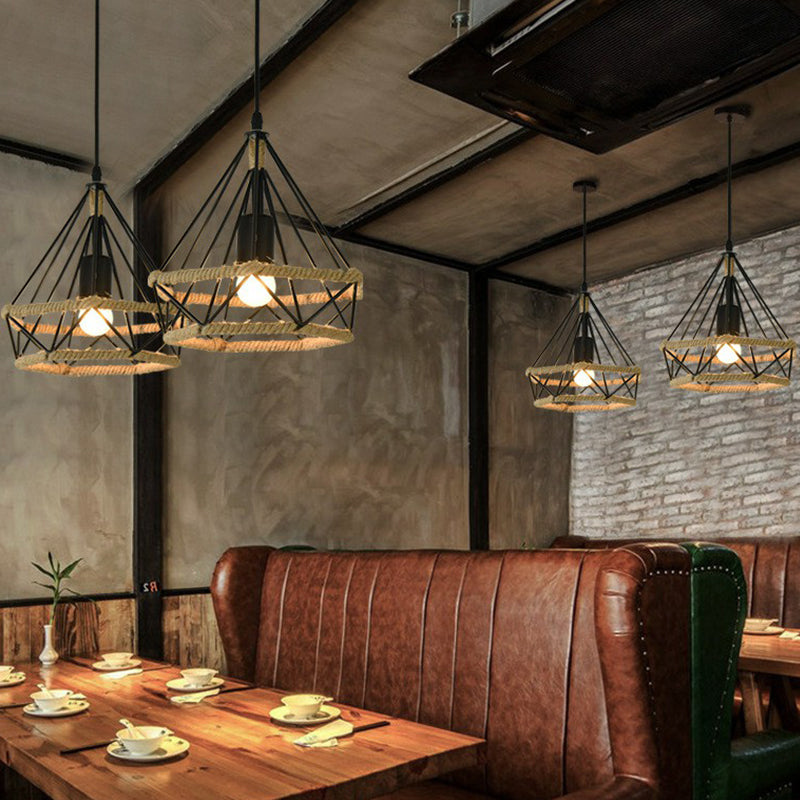 Single-Bulb Drop Pendant Industrial Bistro Hanging Lamp with Diamond Roped Cage in Black, 10"/15"/18" Width