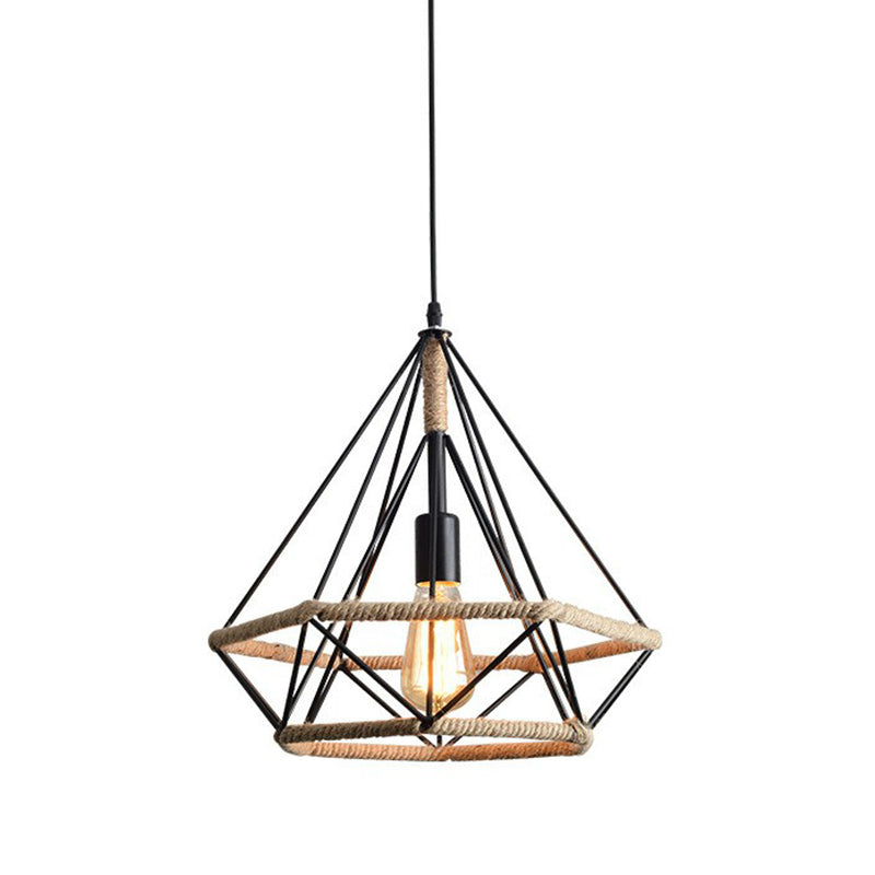 Single-Bulb Drop Pendant Industrial Bistro Hanging Lamp with Diamond Roped Cage in Black, 10"/15"/18" Width