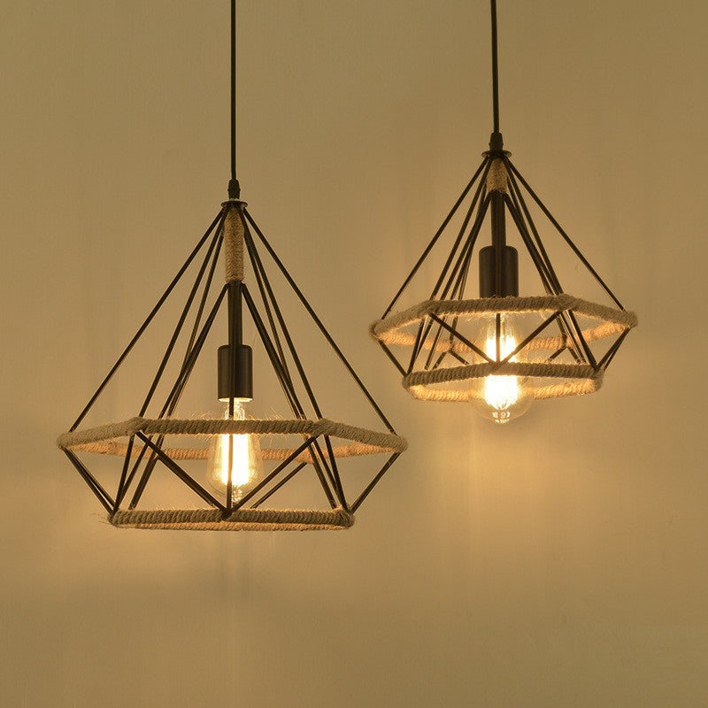 Single-Bulb Drop Pendant Industrial Bistro Hanging Lamp with Diamond Roped Cage in Black, 10"/15"/18" Width
