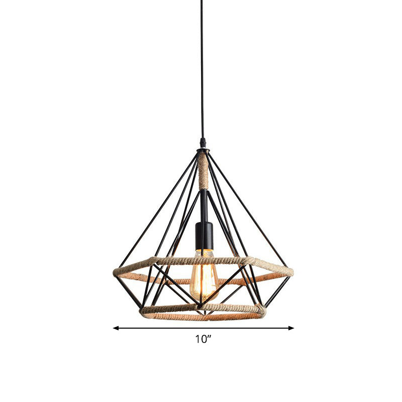 Single-Bulb Drop Pendant Industrial Bistro Hanging Lamp with Diamond Roped Cage in Black, 10"/15"/18" Width