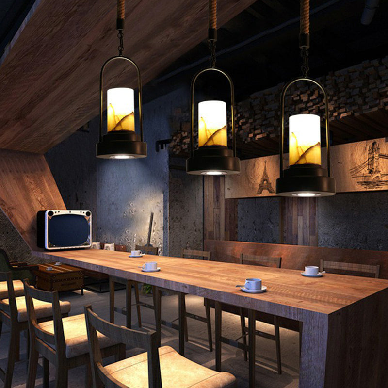 Faux Candle Wine Bar Pendant Lamp Rural Marble 1-Light Black Hanging Light Fixture with Arched Frame and Rope Detail