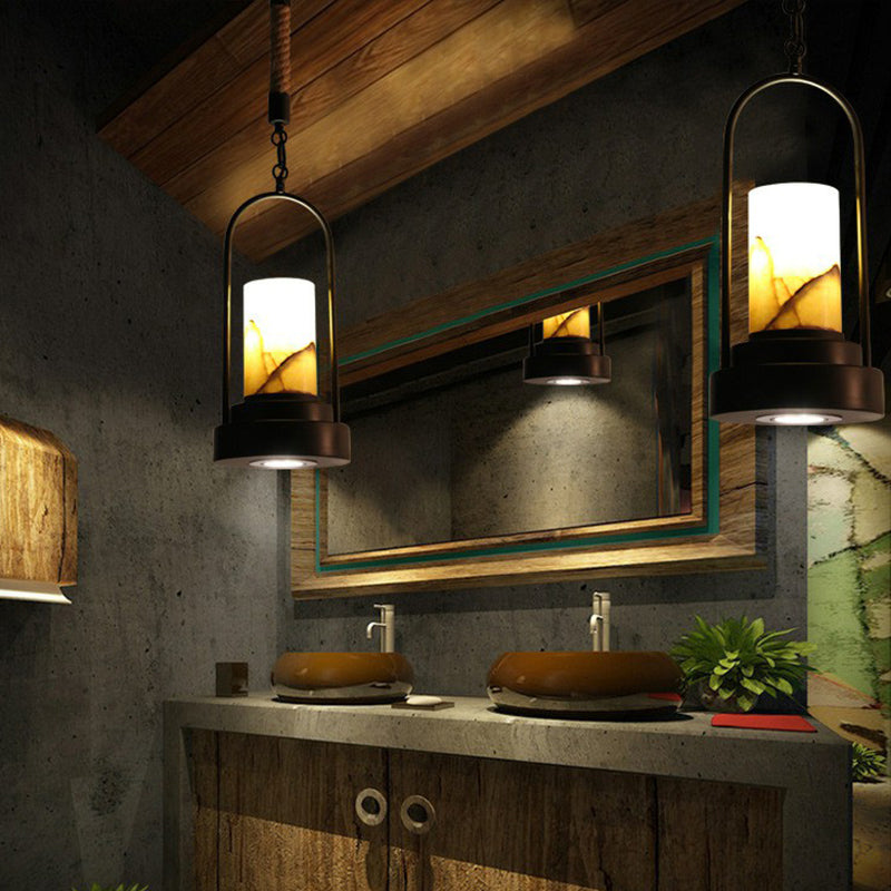 Faux Candle Wine Bar Pendant Lamp Rural Marble 1-Light Black Hanging Light Fixture with Arched Frame and Rope Detail