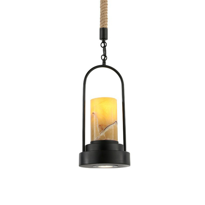 Faux Candle Wine Bar Pendant Lamp Rural Marble 1-Light Black Hanging Light Fixture with Arched Frame and Rope Detail