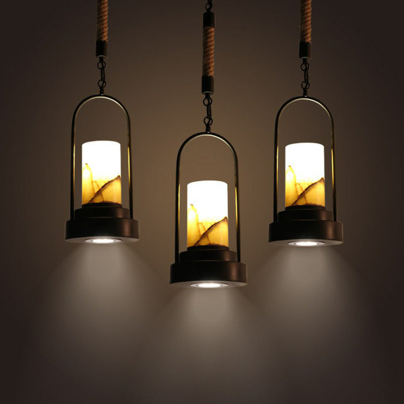 Faux Candle Wine Bar Pendant Lamp Rural Marble 1-Light Black Hanging Light Fixture with Arched Frame and Rope Detail