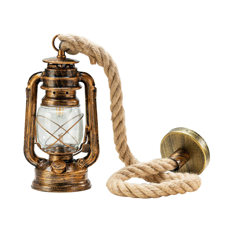 Copper/Gold/Bronze Kerosene Hanging Lamp Coastal Clear Glass 1 Bulb Bedside Pendulum Light with Rope Cord