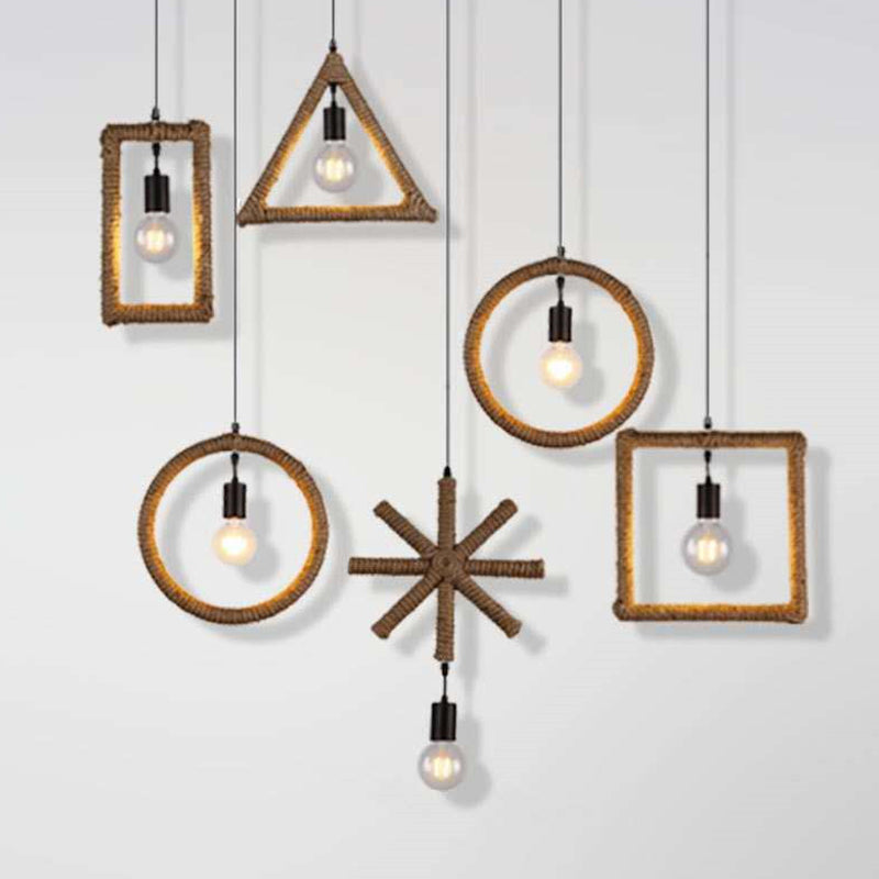 1-Light Hanging Lamp Rural Living Room Pendant Light with Round/Square/Rectangle Rope Frame in Brown
