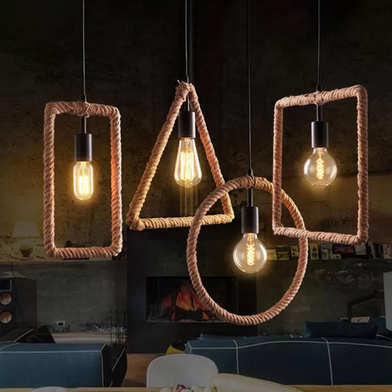 1-Light Hanging Lamp Rural Living Room Pendant Light with Round/Square/Rectangle Rope Frame in Brown