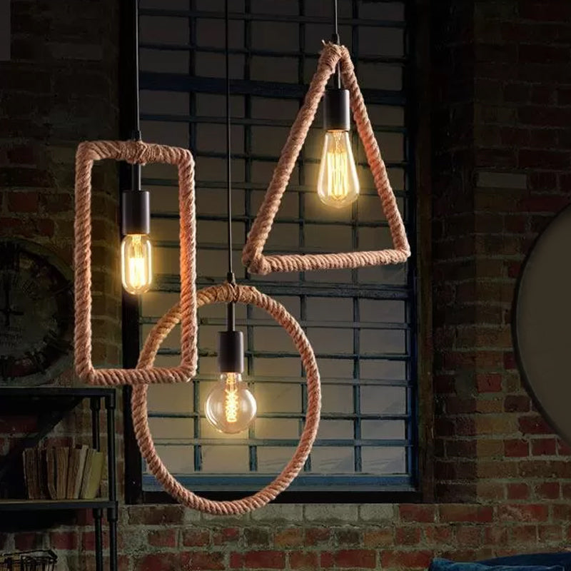 1-Light Hanging Lamp Rural Living Room Pendant Light with Round/Square/Rectangle Rope Frame in Brown