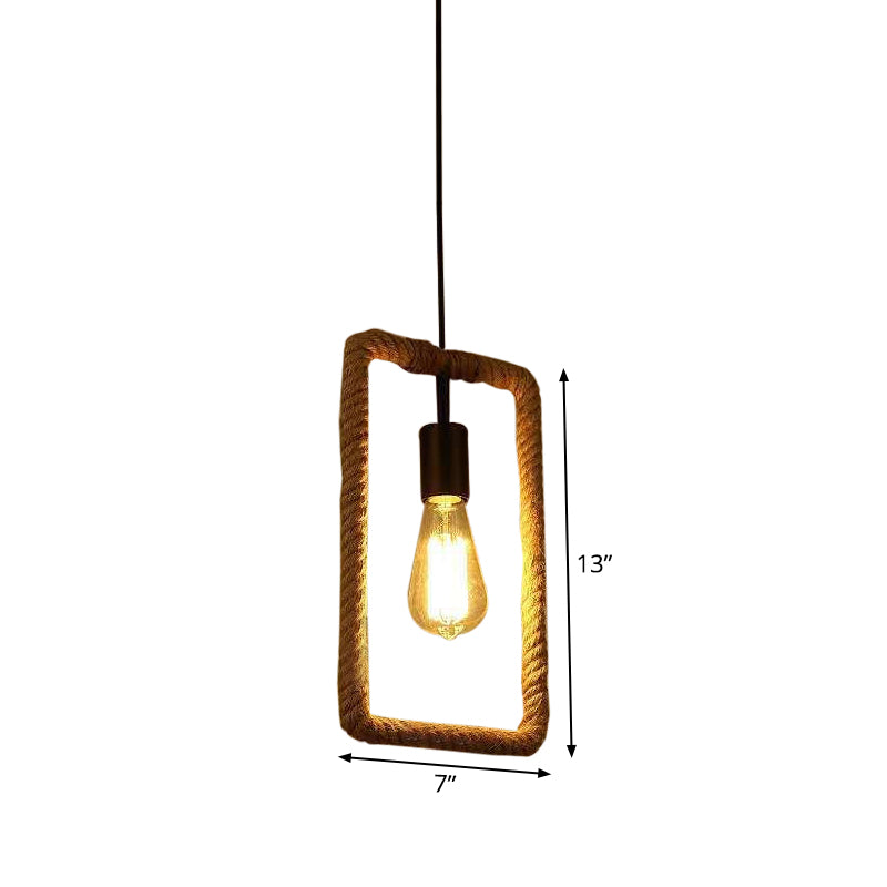 1-Light Hanging Lamp Rural Living Room Pendant Light with Round/Square/Rectangle Rope Frame in Brown