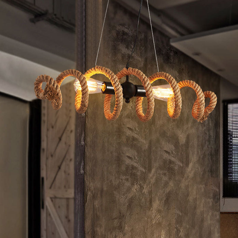 Rope Wrapped Helix Island Pendant Farmhouse 2 Heads Restaurant Ceiling Pendant in Brown