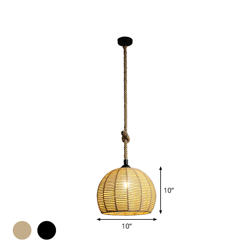 Black/Brown 1-Light Pendant Lamp Rural Hemp Rope Half-Globe Ceiling Hang Light over Dining Table, 10"/12" Wide