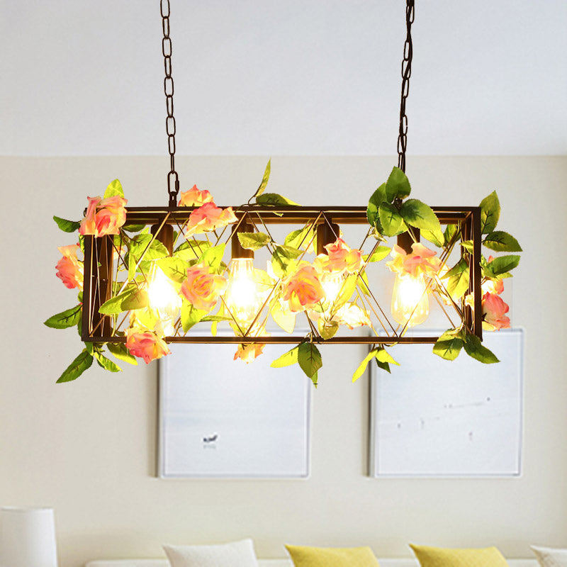 Red/Green 4 Lights Island Ceiling Light Retro Metal Rectangular LED Rose/Plant Drop Lamp for Restaurant