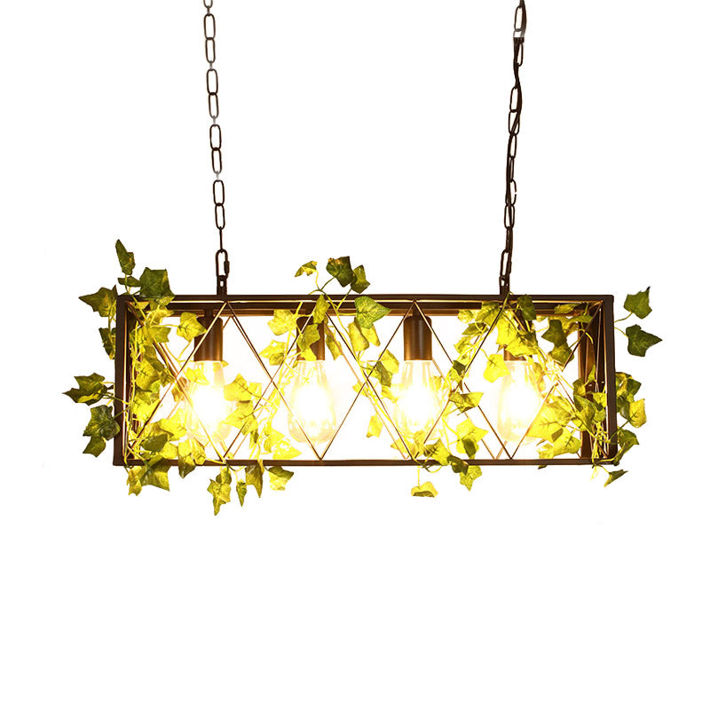 Red/Green 4 Lights Island Ceiling Light Retro Metal Rectangular LED Rose/Plant Drop Lamp for Restaurant