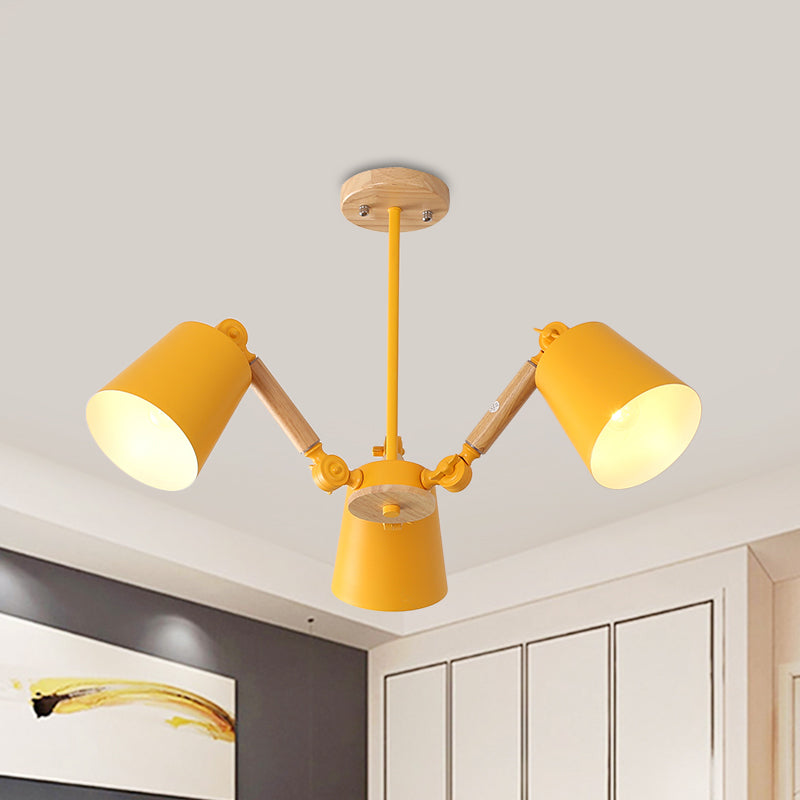 Bedroom Chandelier for Girls, Macaron Wood Ceiling Light with Bucket Shade and Adjustable Arm