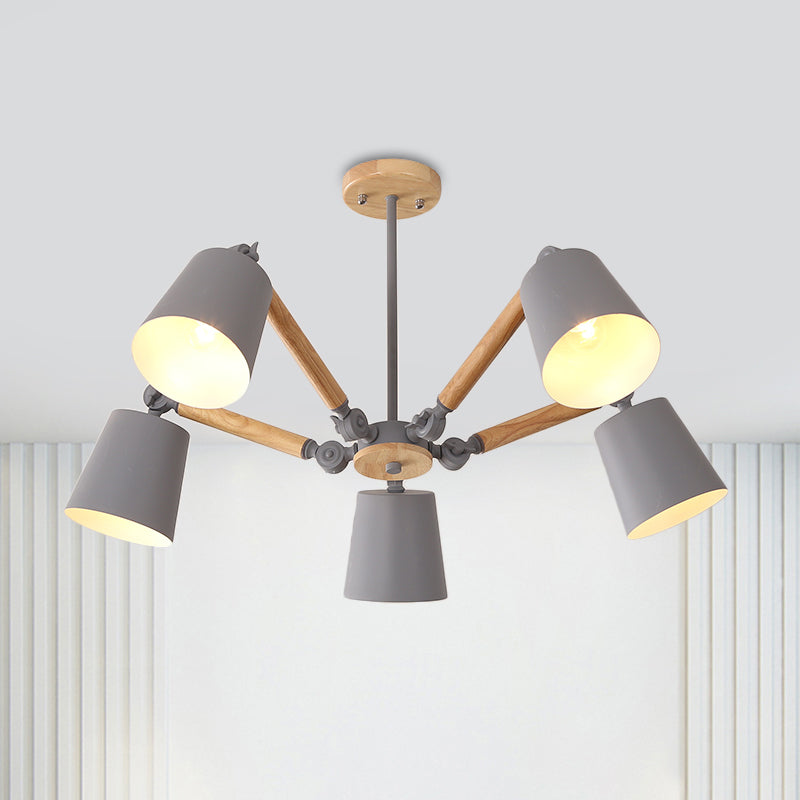 Bedroom Chandelier for Girls, Macaron Wood Ceiling Light with Bucket Shade and Adjustable Arm