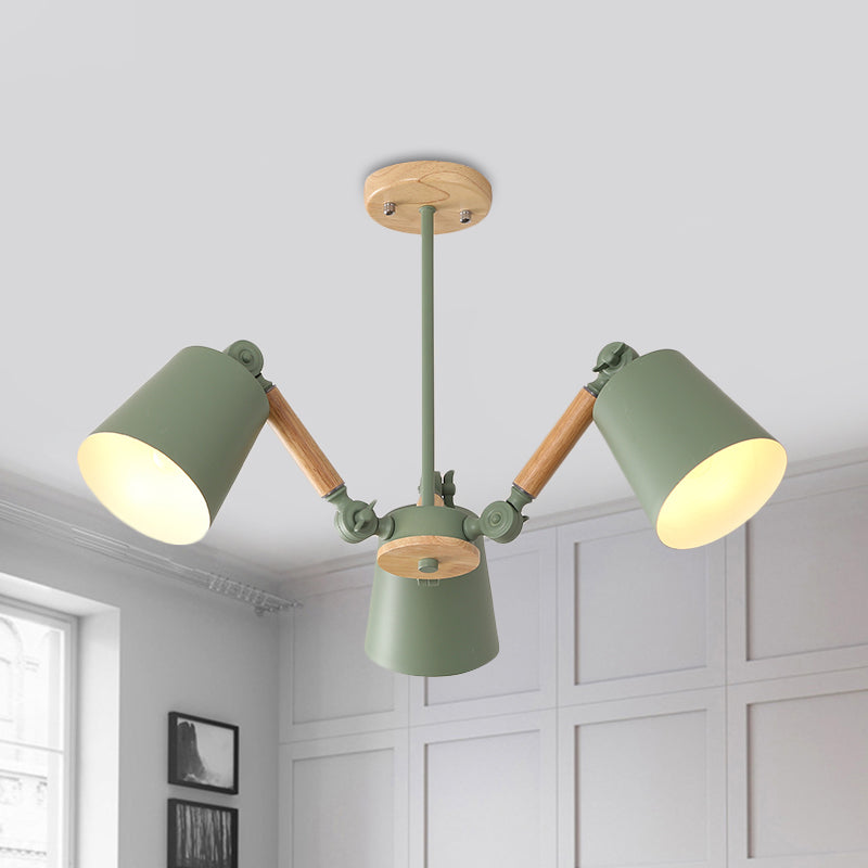 Bedroom Chandelier for Girls, Macaron Wood Ceiling Light with Bucket Shade and Adjustable Arm