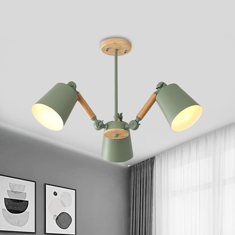 Bedroom Chandelier for Girls, Macaron Wood Ceiling Light with Bucket Shade and Adjustable Arm