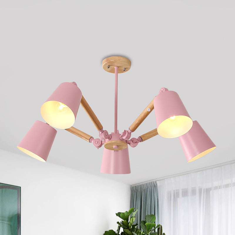 Bedroom Chandelier for Girls, Macaron Wood Ceiling Light with Bucket Shade and Adjustable Arm