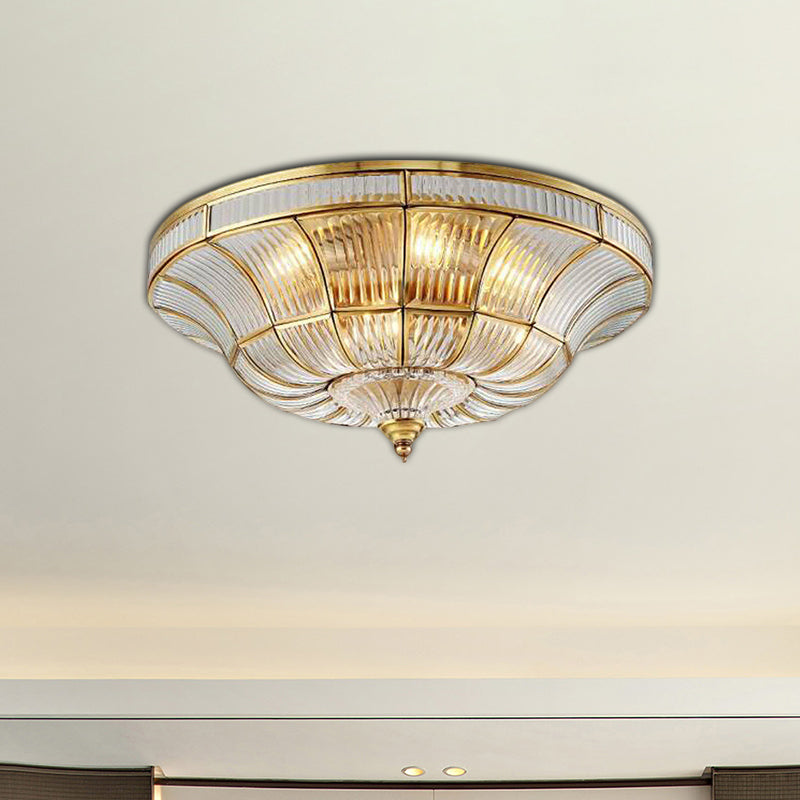 Simplistic Dome Flushmount Lighting 3/6 Heads Clear Ribbed Glass Ceiling Flush Mount in Brass for Living Room, 15"/21" Wide