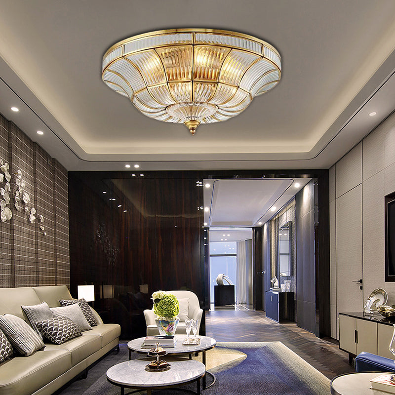 Simplistic Dome Flushmount Lighting 3/6 Heads Clear Ribbed Glass Ceiling Flush Mount in Brass for Living Room, 15"/21" Wide