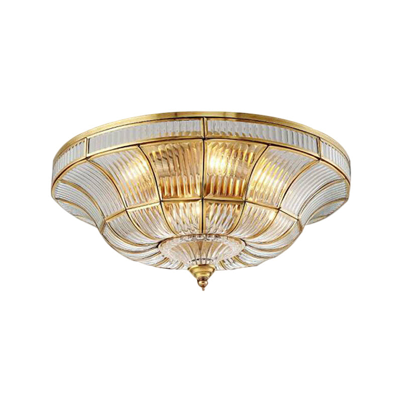 Simplistic Dome Flushmount Lighting 3/6 Heads Clear Ribbed Glass Ceiling Flush Mount in Brass for Living Room, 15"/21" Wide