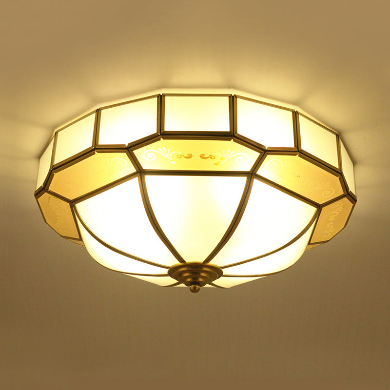 Bowl Milky Glass Ceiling Mounted Fixture Colonial 3/4 Bulbs Living Room Flush Mount Ceiling Lamp in Brass, 16"/19.5" W