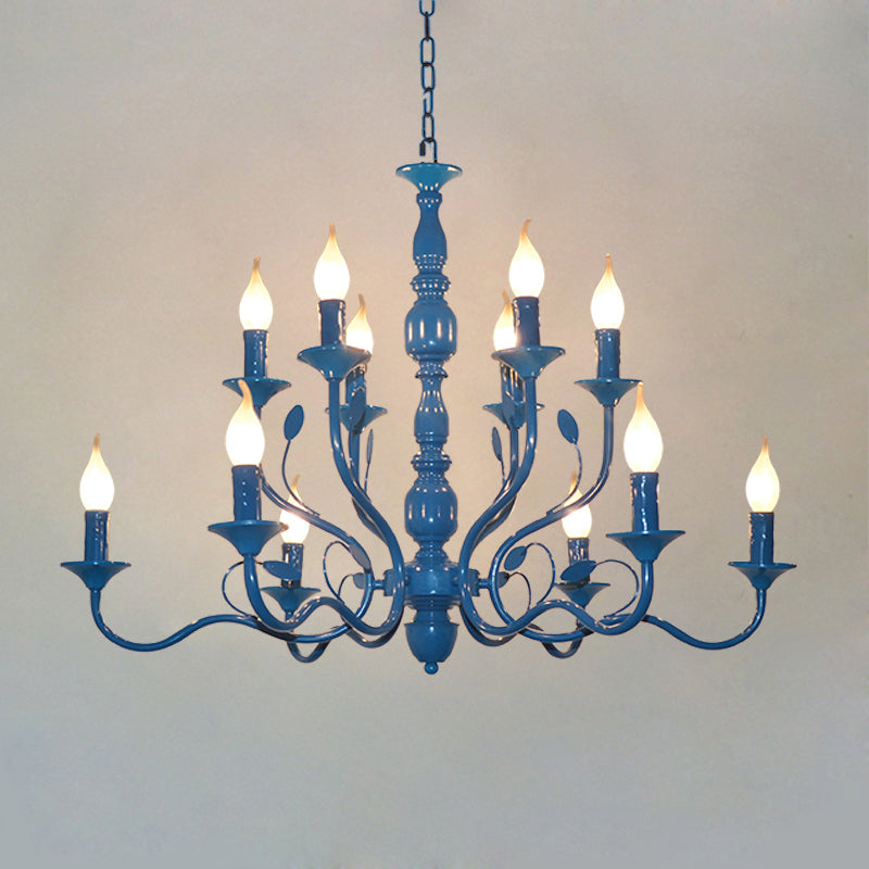 Metal Candle Shape Pendant Chandelier Vintage 10/12/16 Lights Restaurant Hanging Ceiling Lamp in Blue