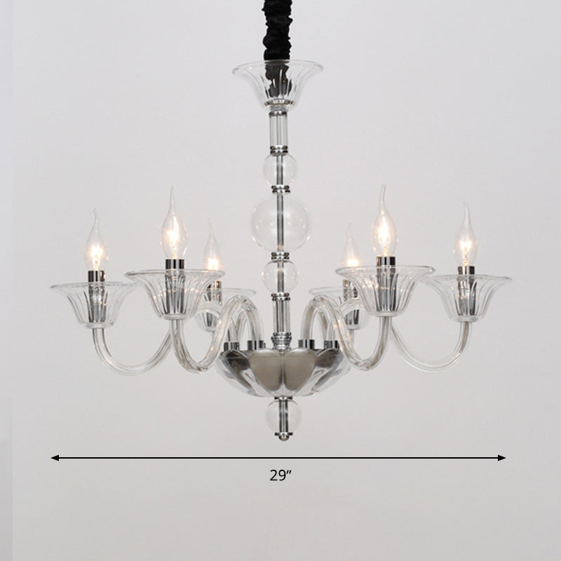 Vintage Curvy Arm Chandelier Lighting 6 Heads Clear/White/Black Glass Hanging Pendant Lamp in Chrome for Living Room